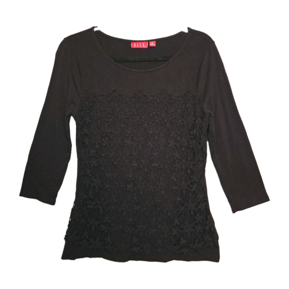 ELLE Black Crochet Lace Boho Long Sleeve Blouse Pullover Round Neck Top Stretch